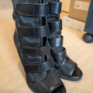 DKNY Black Strappy Wedge Peep-Toe Boots